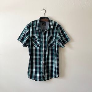 Empyre Minty Teal & Black Plaid Skater Button Down Short Sleeve Tee Pocket L